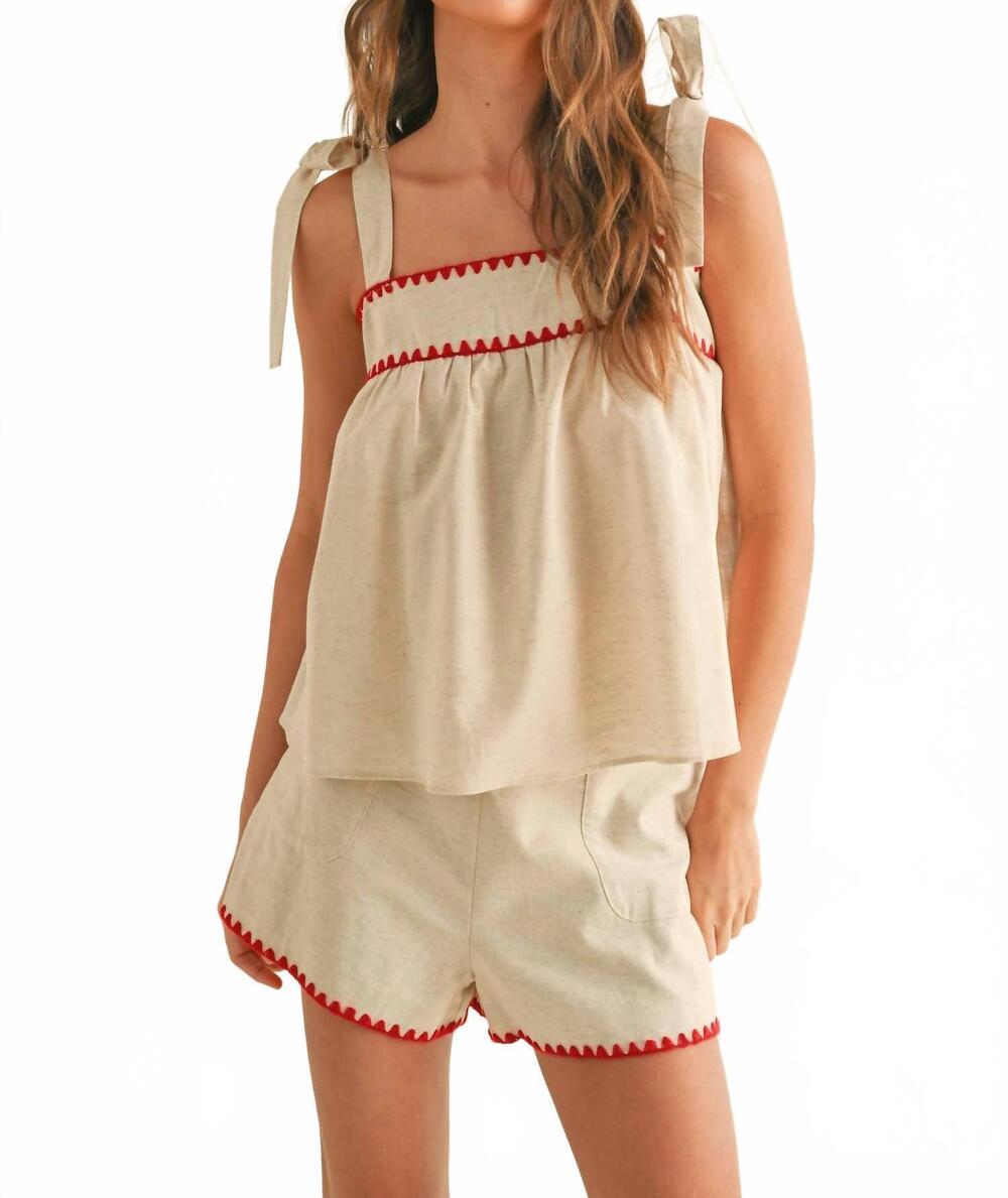 NEW MIOU MUSE linen tape detailed tie sleeve top in oatmeal/red